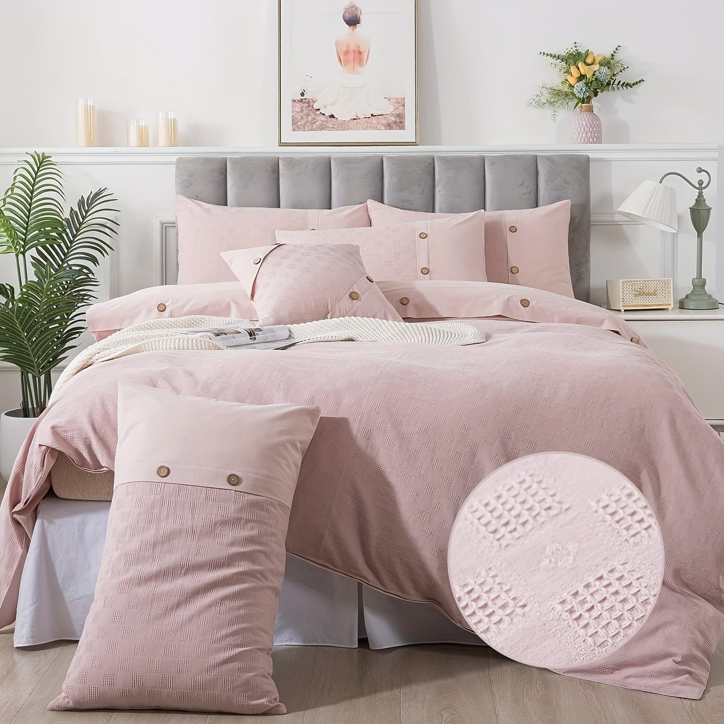Pink Duvet Cove Set 100% Cotton Waffle Weave Bedding Reversible Washed Cotton Luxury Textured Tufted Zipper Comforter Cover Unique Embellished Button Soft Breathable All Season 3pcs