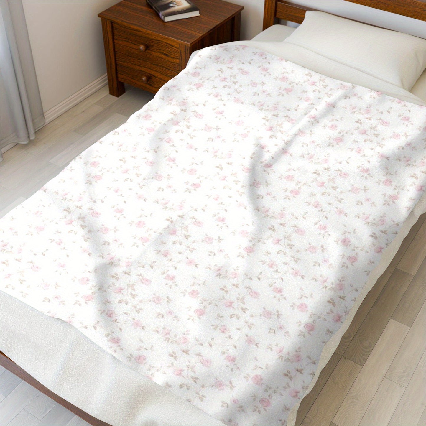 1pc 280Gsm Home Pink Flowers with White Background, Plant Pattern Large Flannel Blanket, Sofa, Bed Blanket, Car Blanket, Outdoor Garden Warm Blanket, Gift