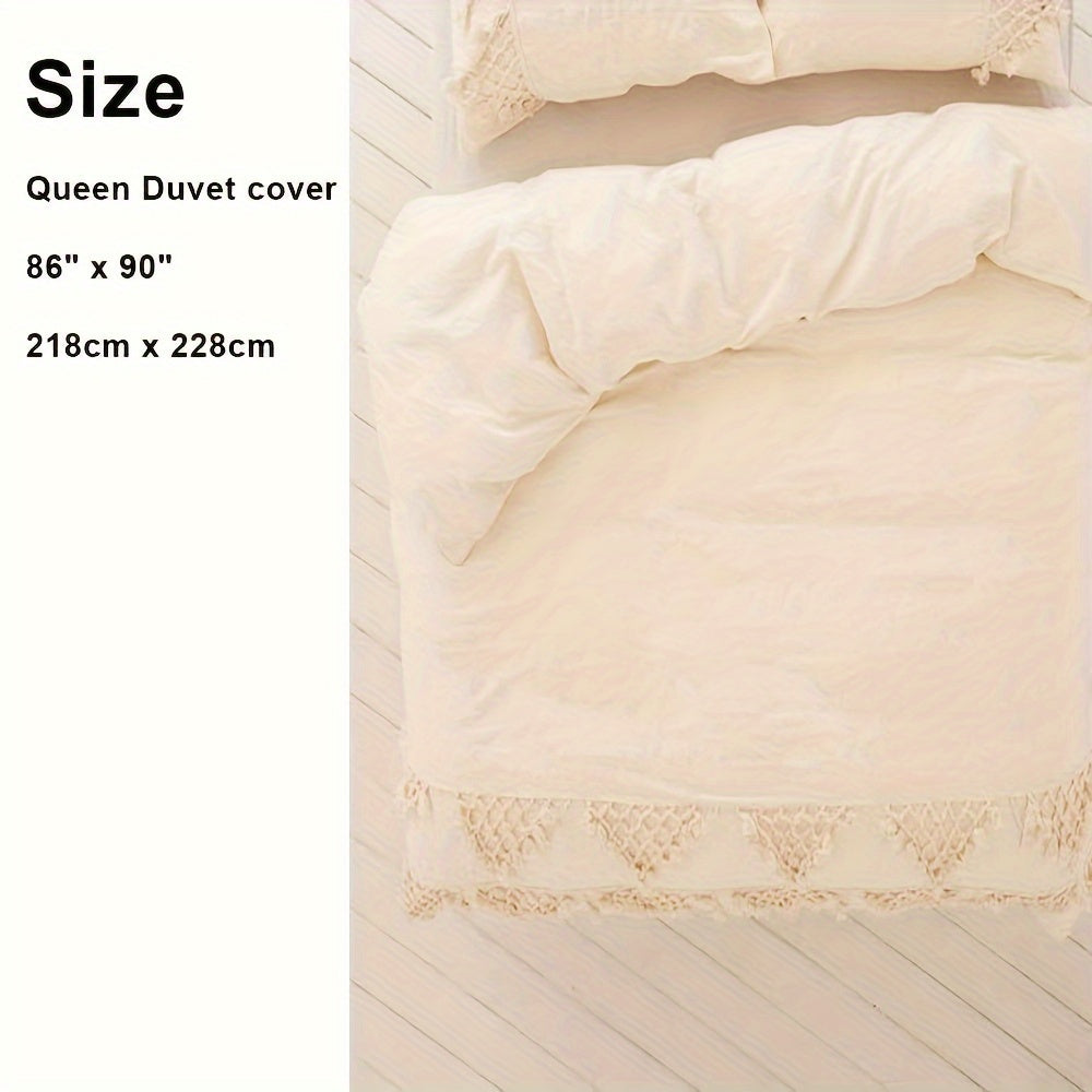 86in x 90in Ivory Tufted Tassel Duvet Cover, Lattice Boho Bedding, Fits Full Queen Size Bed