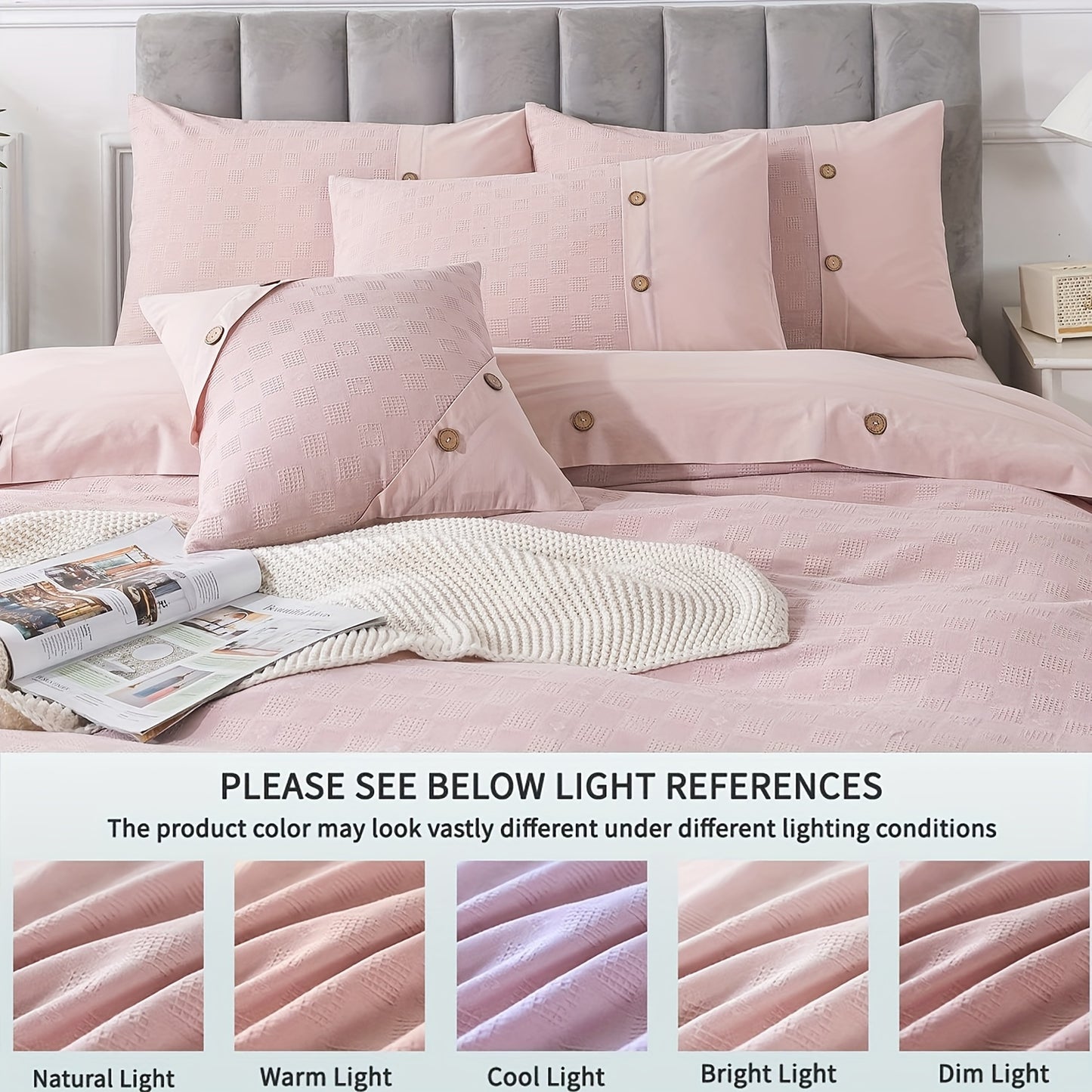 Pink Duvet Cove Set 100% Cotton Waffle Weave Bedding Reversible Washed Cotton Luxury Textured Tufted Zipper Comforter Cover Unique Embellished Button Soft Breathable All Season 3pcs