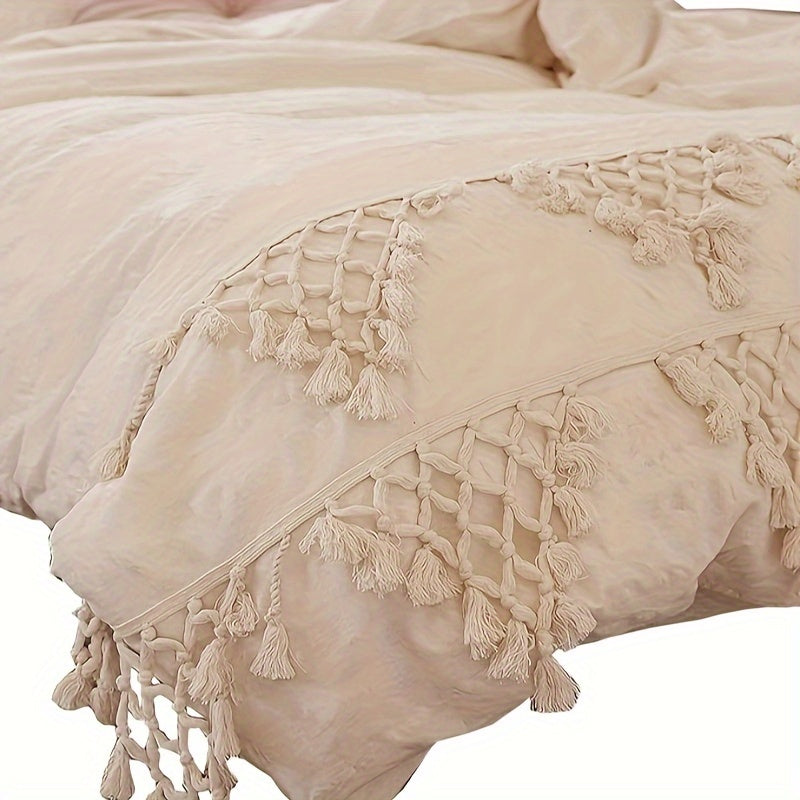 86in x 90in Ivory Tufted Tassel Duvet Cover, Lattice Boho Bedding, Fits Full Queen Size Bed