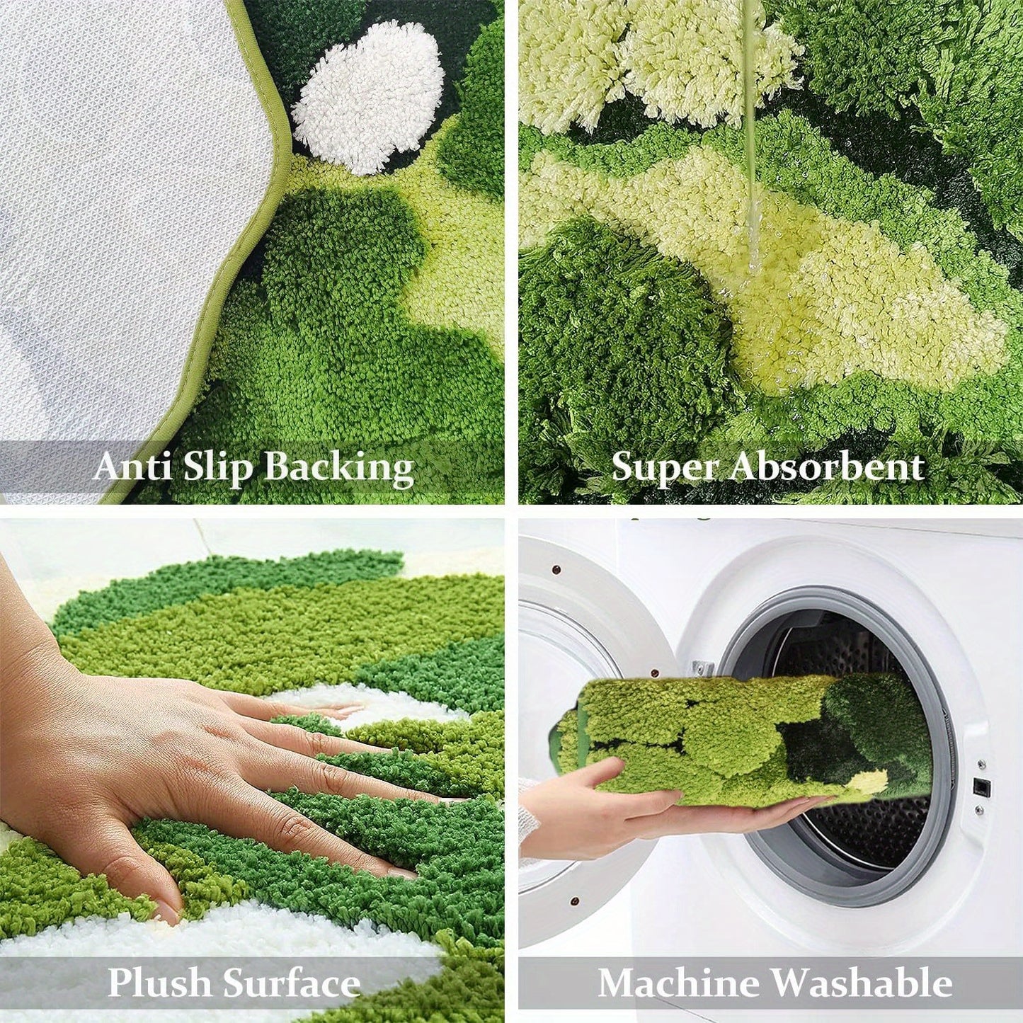 Cute Green Moss And Leaf- Shaped Design, For Bathroom Rug, Long Rectangular, Absorbent And Non- Slip Shaggy Bath Mat, Bathroom Mat, Moss Rug, Green Bathroom Rugs Cute, Bath Rug, Bathroom Runner