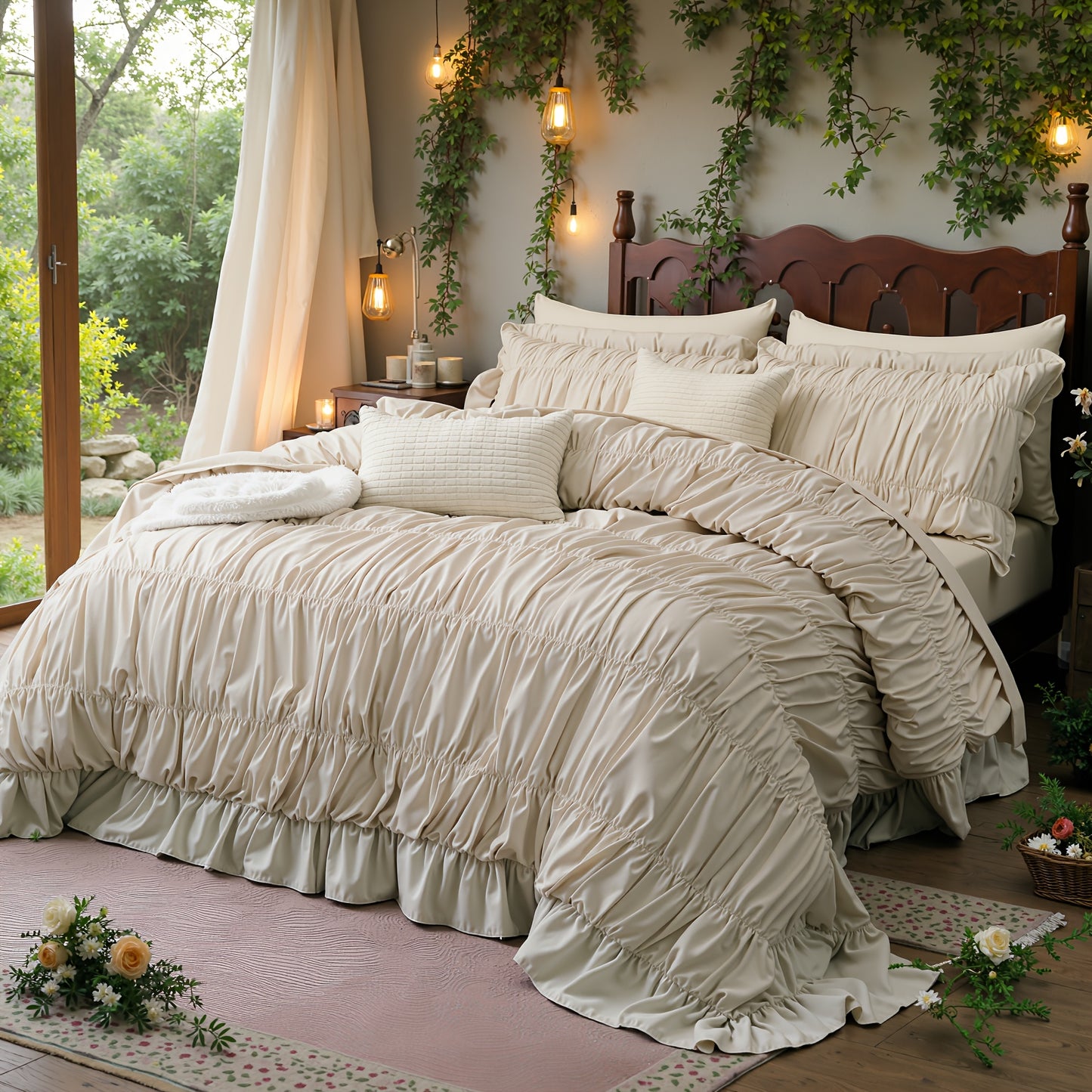 Beige Comforter Set Queen Size, Ruched Boho Bedding 9pcs Bed-in-a-Bag for All Seasons, Fluffy Luxury Ruffle Bedding Set with Comforter, Flat Sheet, Fitted Sheet, Pillow Shams, Pillowcases