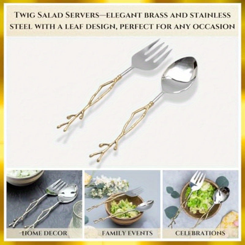 Twig Salad Servers Brass Stainless Steel Fork Spoon Set Leaf Design Two Tone Ideal for Weddings Dinner Parties Elegant Flatware Housewarming Gifts Stainless Steel Mirror Polished Golden Twig