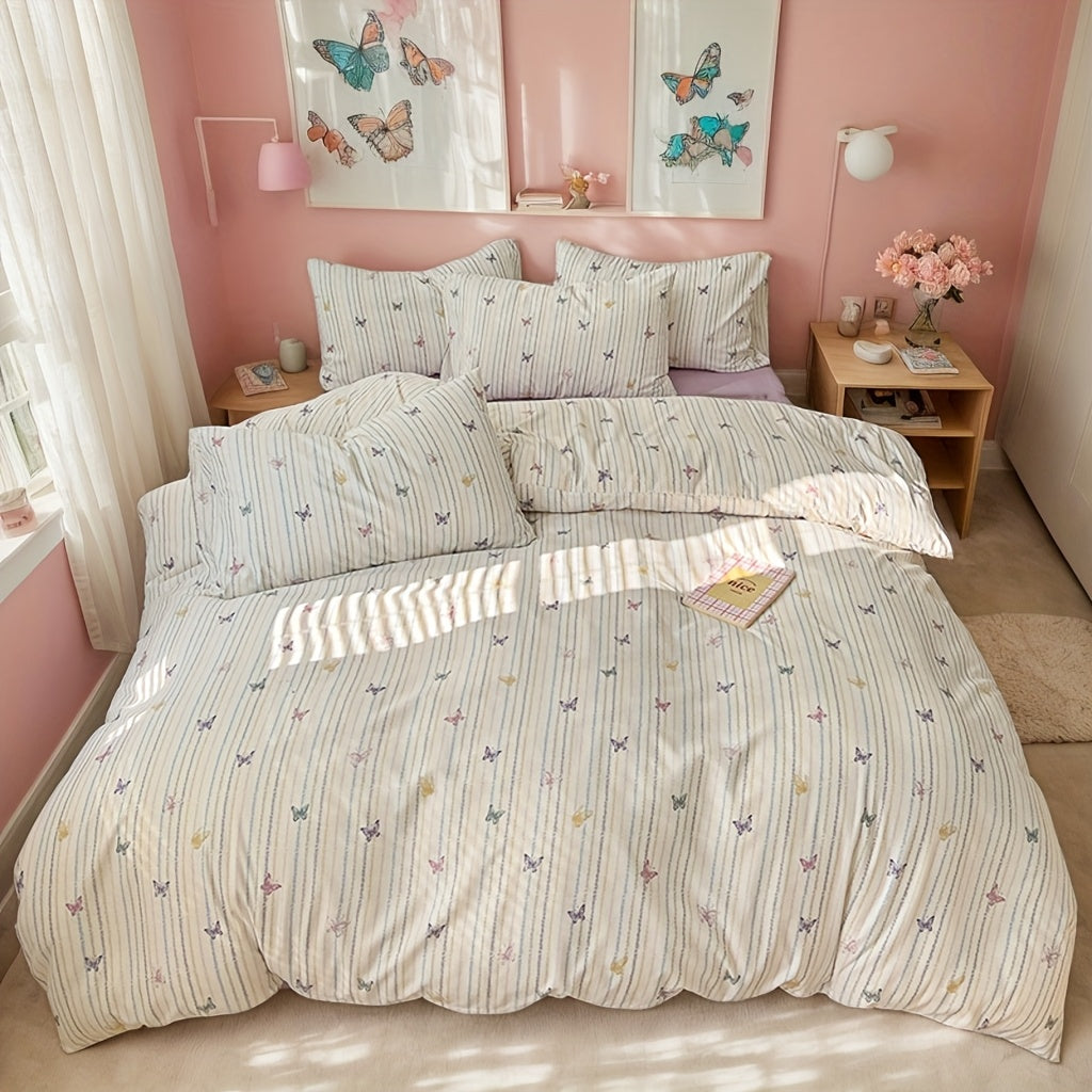 3pcs Pink Butterfly Striped Quilt Set, 100% Lightweight Polyester, Machine Washable, All-season Comfort, Includes 1 Duvet Cover And 2 Pillowcases (transparent Filling)