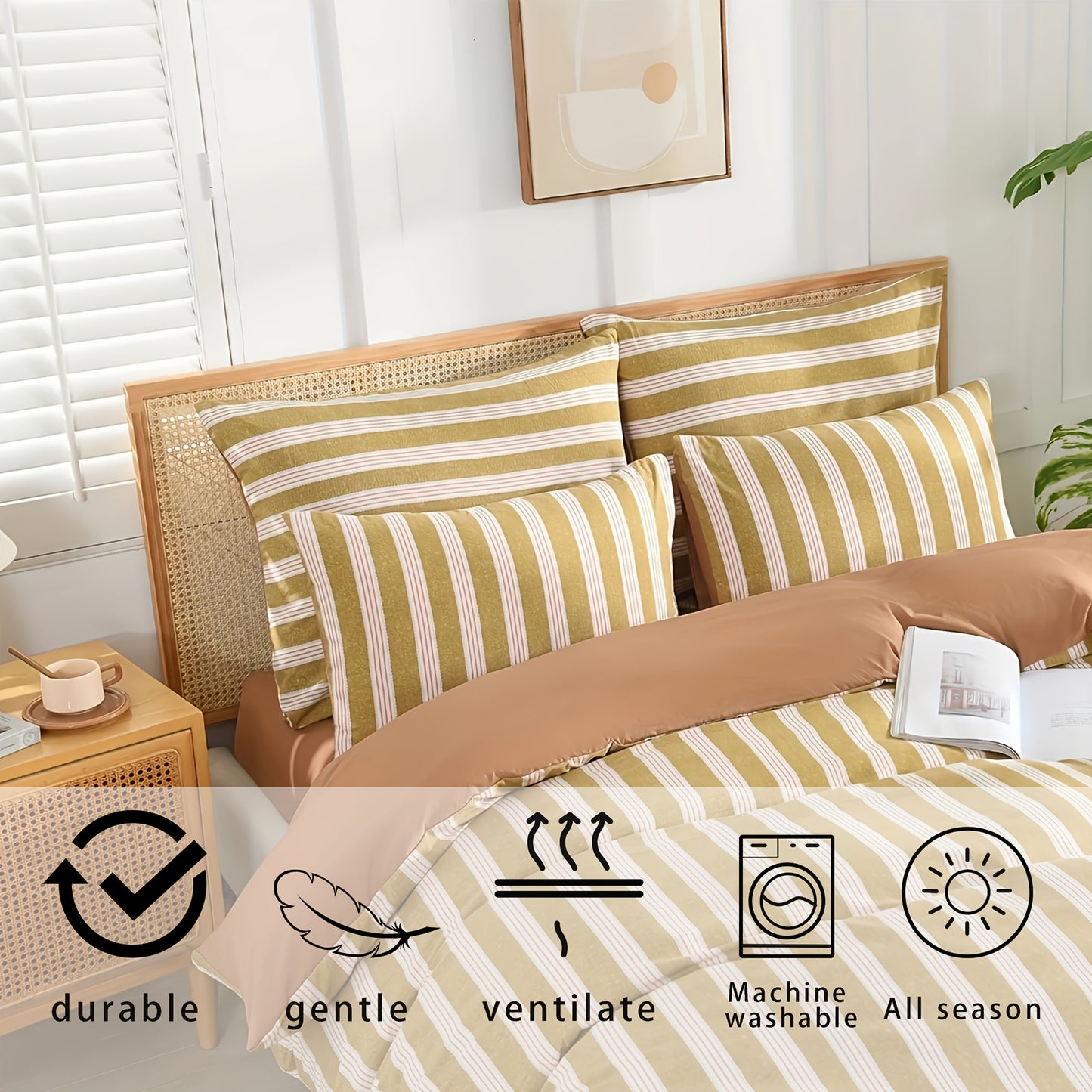 3pcs Boho Striped Reversible Suit, Soft And Comfortable, Zipper Open And Close, All-season, Vibrant Print, Woven Fabric, Brushed Process, Suitable for Bedrooms, Guest Rooms And Dormitories