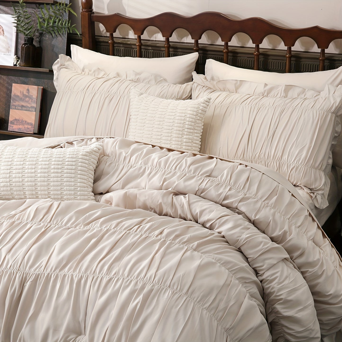 Beige Comforter Set Queen Size, Ruched Boho Bedding 9pcs Bed-in-a-Bag for All Seasons, Fluffy Luxury Ruffle Bedding Set with Comforter, Flat Sheet, Fitted Sheet, Pillow Shams, Pillowcases