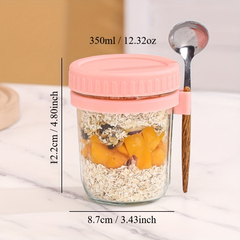 Two containers for overnight oats, with LIDS and spoons, 12-ounce glass Mason overnight oats cans, large-capacity sealed cans, milk, grains, fruits