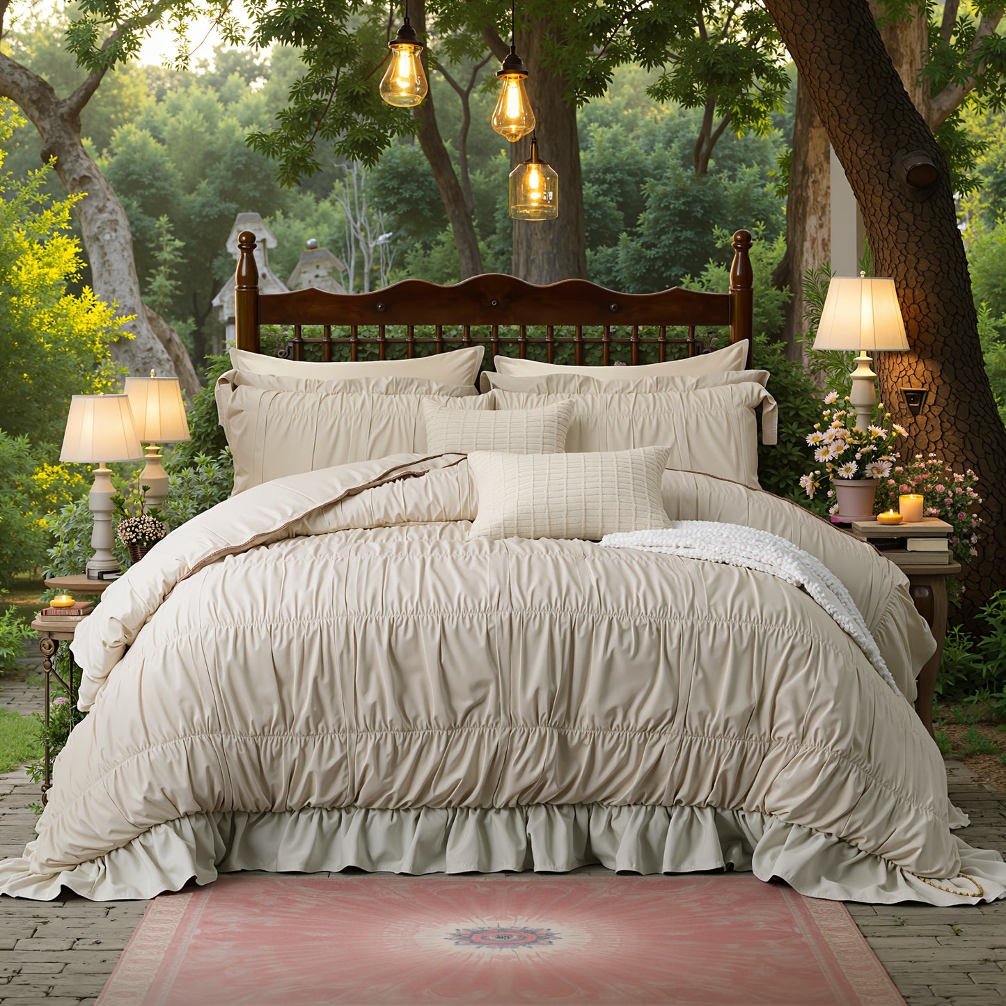 Beige Comforter Set Queen Size, Ruched Boho Bedding 9pcs Bed-in-a-Bag for All Seasons, Fluffy Luxury Ruffle Bedding Set with Comforter, Flat Sheet, Fitted Sheet, Pillow Shams, Pillowcases
