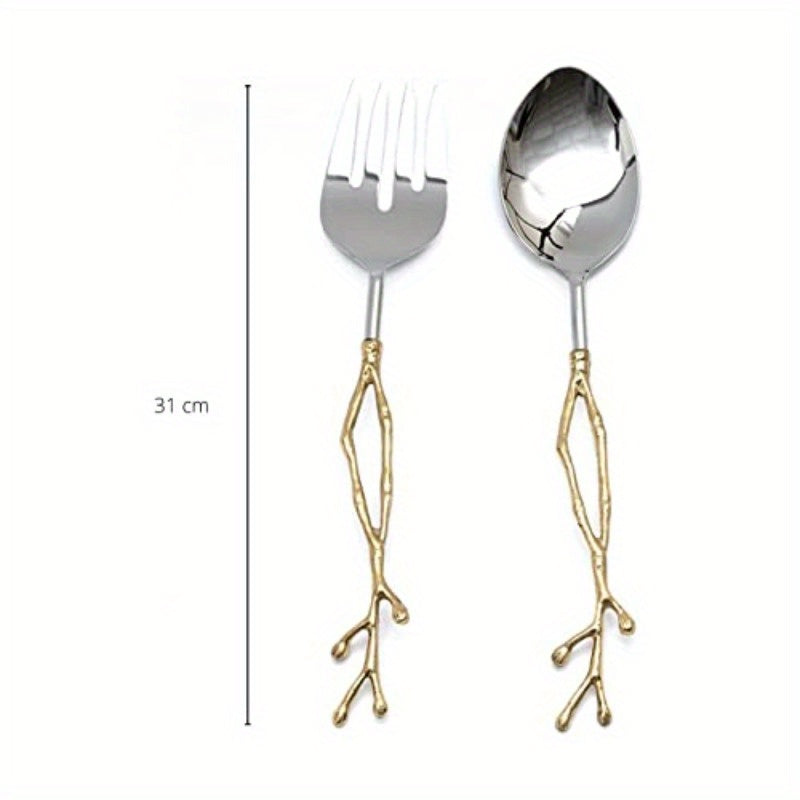Twig Salad Servers Brass Stainless Steel Fork Spoon Set Leaf Design Two Tone Ideal for Weddings Dinner Parties Elegant Flatware Housewarming Gifts Stainless Steel Mirror Polished Golden Twig