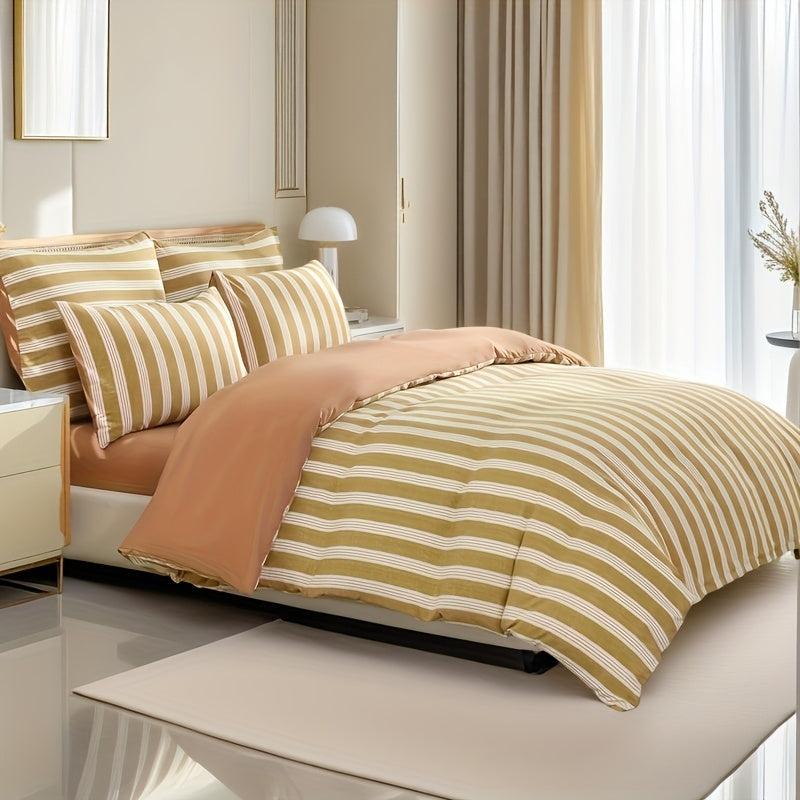 3pcs Boho Striped Reversible Suit, Soft And Comfortable, Zipper Open And Close, All-season, Vibrant Print, Woven Fabric, Brushed Process, Suitable for Bedrooms, Guest Rooms And Dormitories
