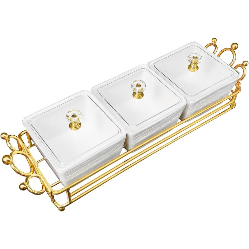 Ceramic Bowls and with Lid Gold Basket Trays 3 Removable Small Bowls Condiment Trays Nut Serving Set for Snacks Fruits Candy and Condiments Great for Parties Holiday Gifts White