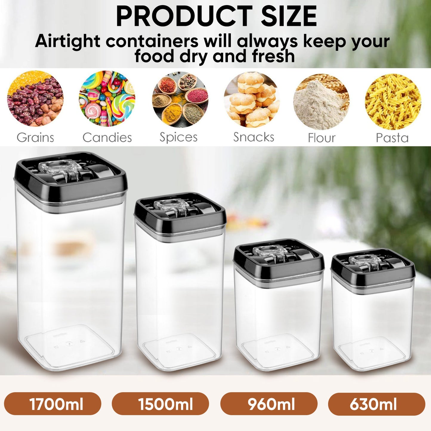 162oz Vacuum Sealed Grain Canisters Set (4pcs) - Airtight Dry Food Storage for Rice, Pasta, Baking Supplies, coffee, loose leaf tea, nuts and grains, Kitchen Storage