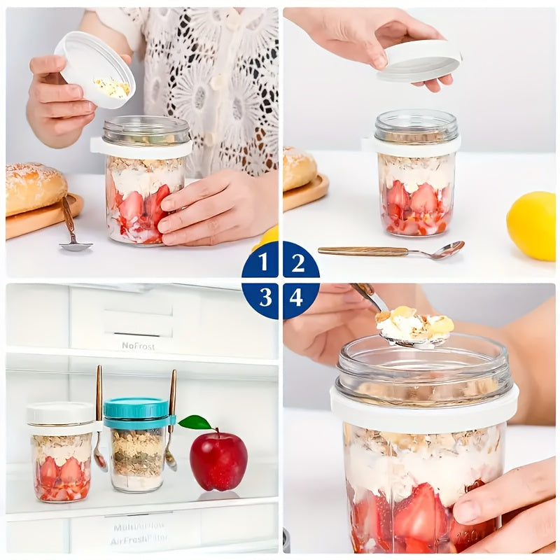 Two containers for overnight oats, with LIDS and spoons, 12-ounce glass Mason overnight oats cans, large-capacity sealed cans, milk, grains, fruits