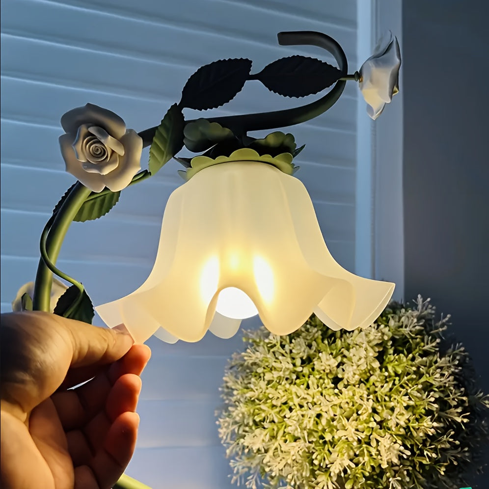 Romantic Flowers, Green Vines, Wrought Iron Country-style Desk Lamp With Ceramic White Rose Flowers' Ideal Choice For Valentine'S Day Gift. It Can Be Used As A Desk Lamp Or Bedside Lamp Powered By USB, Suitable For Bedroom, Study And Living Room.