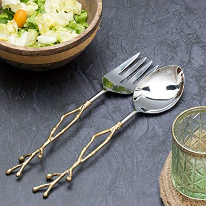 Twig Salad Servers Brass Stainless Steel Fork Spoon Set Leaf Design Two Tone Ideal for Weddings Dinner Parties Elegant Flatware Housewarming Gifts Stainless Steel Mirror Polished Golden Twig