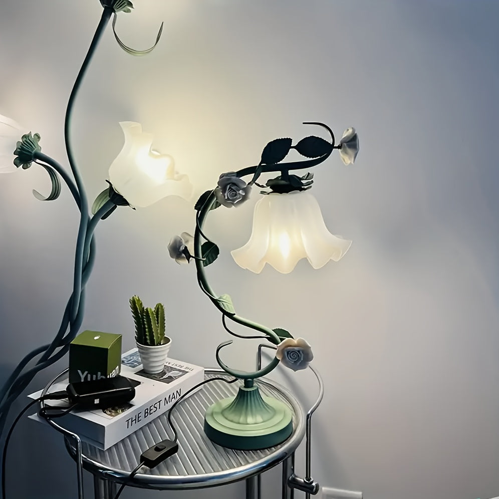 Romantic Flowers, Green Vines, Wrought Iron Country-style Desk Lamp With Ceramic White Rose Flowers' Ideal Choice For Valentine'S Day Gift. It Can Be Used As A Desk Lamp Or Bedside Lamp Powered By USB, Suitable For Bedroom, Study And Living Room.