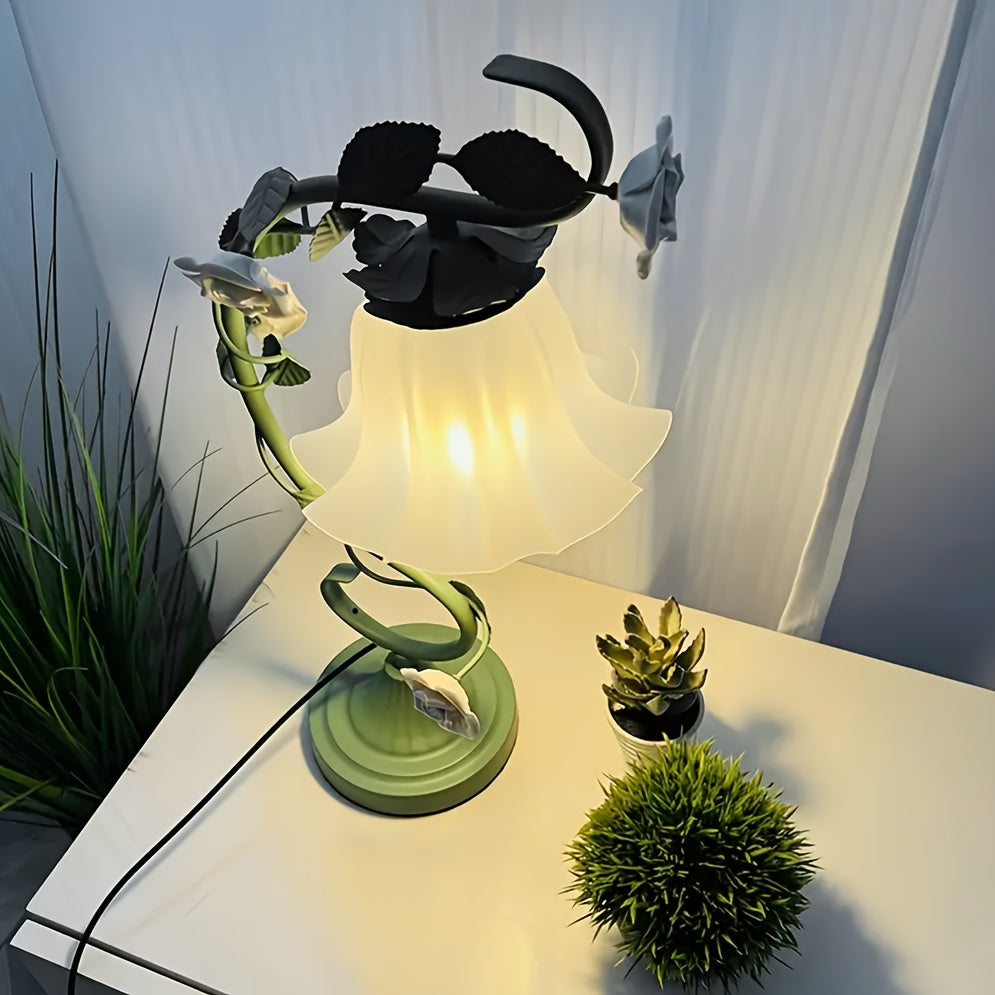 Romantic Flowers, Green Vines, Wrought Iron Country-style Desk Lamp With Ceramic White Rose Flowers' Ideal Choice For Valentine'S Day Gift. It Can Be Used As A Desk Lamp Or Bedside Lamp Powered By USB, Suitable For Bedroom, Study And Living Room.