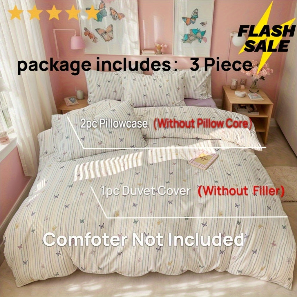 3pcs Pink Butterfly Striped Quilt Set, 100% Lightweight Polyester, Machine Washable, All-season Comfort, Includes 1 Duvet Cover And 2 Pillowcases (transparent Filling)