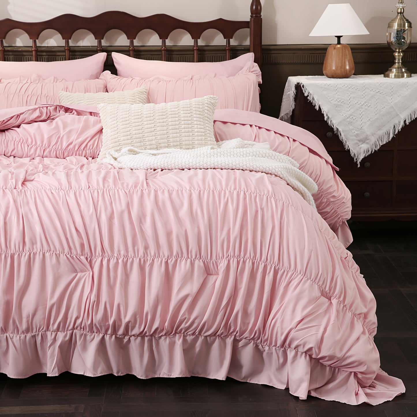 Beige Comforter Set Queen Size, Ruched Boho Bedding 9pcs Bed-in-a-Bag for All Seasons, Fluffy Luxury Ruffle Bedding Set with Comforter, Flat Sheet, Fitted Sheet, Pillow Shams, Pillowcases