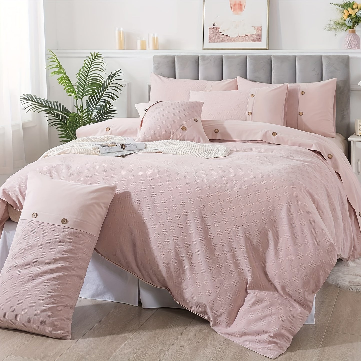 Pink Duvet Cove Set 100% Cotton Waffle Weave Bedding Reversible Washed Cotton Luxury Textured Tufted Zipper Comforter Cover Unique Embellished Button Soft Breathable All Season 3pcs