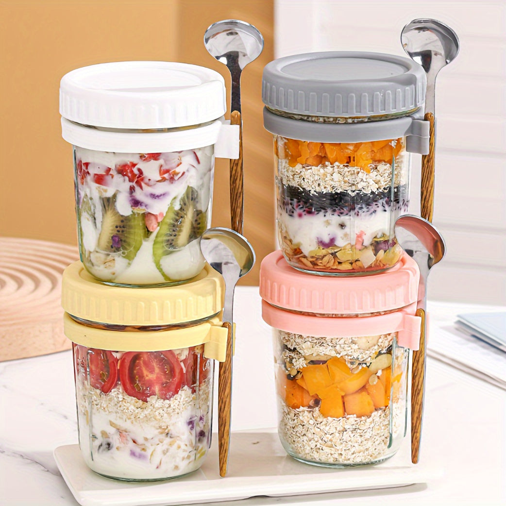 Two containers for overnight oats, with LIDS and spoons, 12-ounce glass Mason overnight oats cans, large-capacity sealed cans, milk, grains, fruits