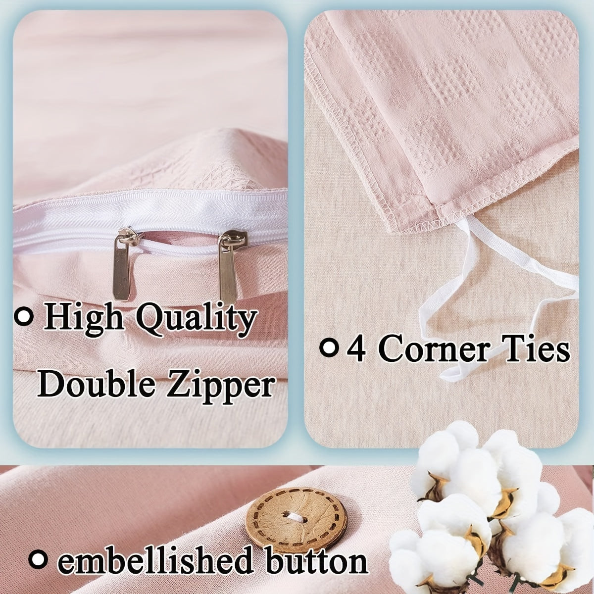 Pink Duvet Cove Set 100% Cotton Waffle Weave Bedding Reversible Washed Cotton Luxury Textured Tufted Zipper Comforter Cover Unique Embellished Button Soft Breathable All Season 3pcs