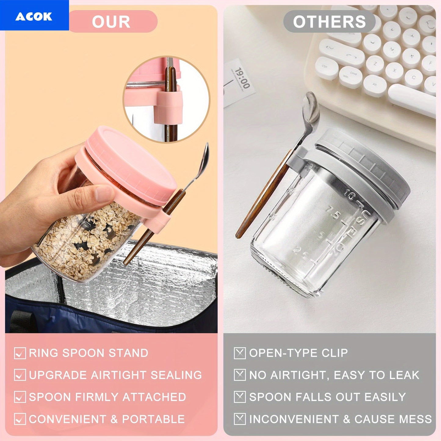 Two containers for overnight oats, with LIDS and spoons, 12-ounce glass Mason overnight oats cans, large-capacity sealed cans, milk, grains, fruits