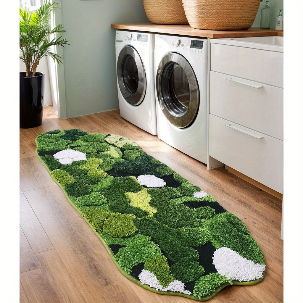Cute Green Moss And Leaf- Shaped Design, For Bathroom Rug, Long Rectangular, Absorbent And Non- Slip Shaggy Bath Mat, Bathroom Mat, Moss Rug, Green Bathroom Rugs Cute, Bath Rug, Bathroom Runner