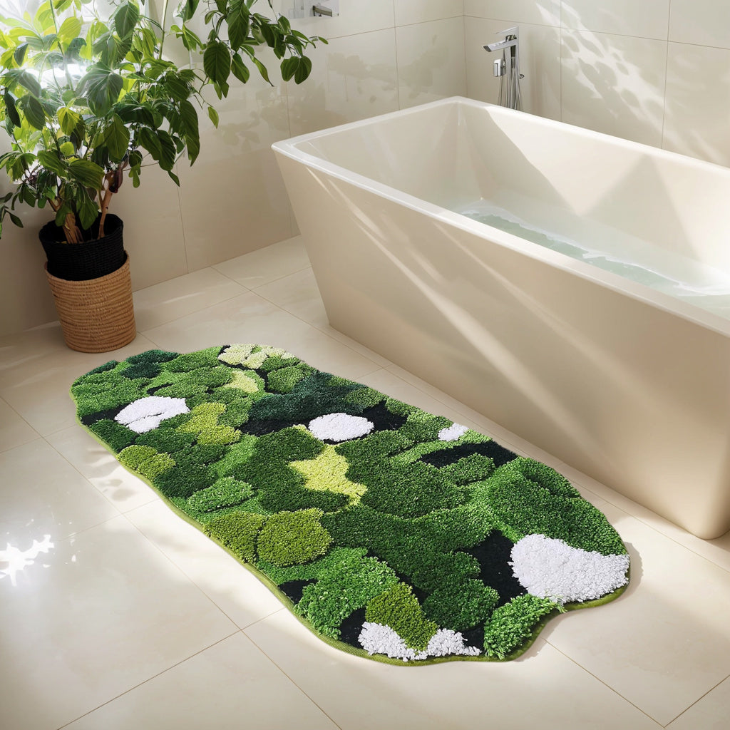 Cute Green Moss And Leaf- Shaped Design, For Bathroom Rug, Long Rectangular, Absorbent And Non- Slip Shaggy Bath Mat, Bathroom Mat, Moss Rug, Green Bathroom Rugs Cute, Bath Rug, Bathroom Runner