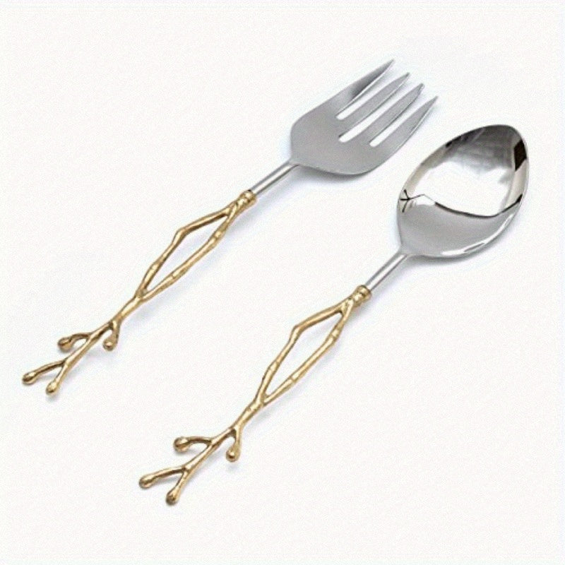 Twig Salad Servers Brass Stainless Steel Fork Spoon Set Leaf Design Two Tone Ideal for Weddings Dinner Parties Elegant Flatware Housewarming Gifts Stainless Steel Mirror Polished Golden Twig