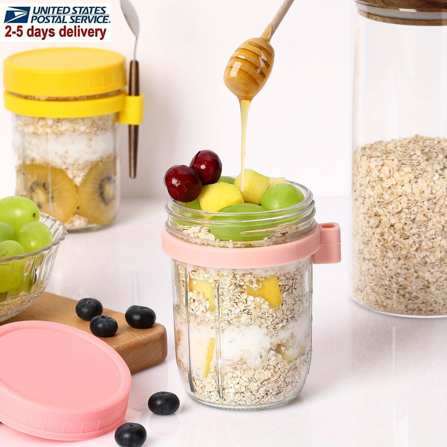 Two containers for overnight oats, with LIDS and spoons, 12-ounce glass Mason overnight oats cans, large-capacity sealed cans, milk, grains, fruits
