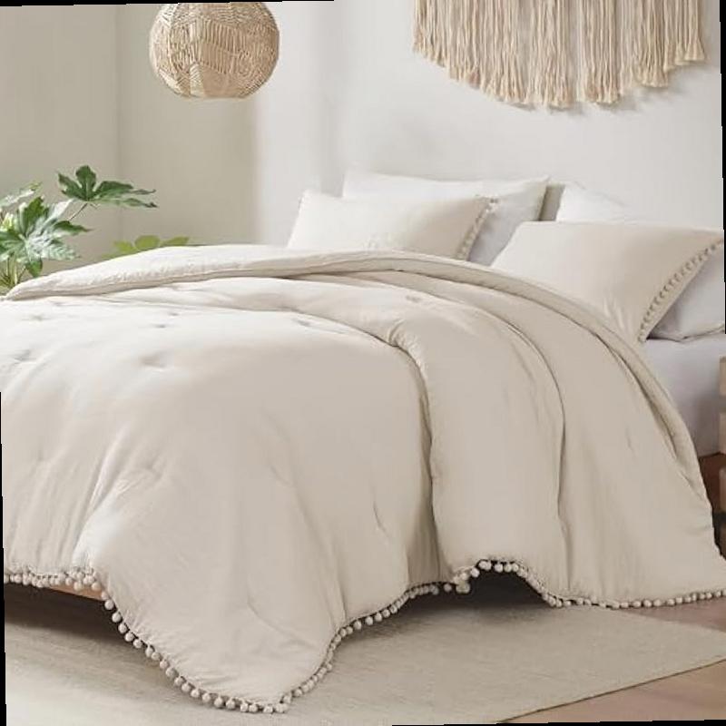 Codi Beige King Comforter Set Boho Chic Bedding with Elegant Pom Fringe Soft Washed Microfiber 3pc Luxury Set Lightweight Breathable for Master Bedroom 1 Comforter 2 Pillow Shams