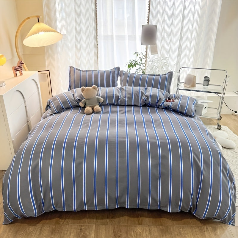 3pcs Duvet Cover Set (1*Duvet Cover + 2*Pillowcase, Without Core), Simple Grey And Blue Striped Print Bedding Set, Soft Comfortable Duvet Cover, For Bedroom, Guest Room
