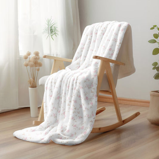 1pc 280Gsm Home Pink Flowers with White Background, Plant Pattern Large Flannel Blanket, Sofa, Bed Blanket, Car Blanket, Outdoor Garden Warm Blanket, Gift