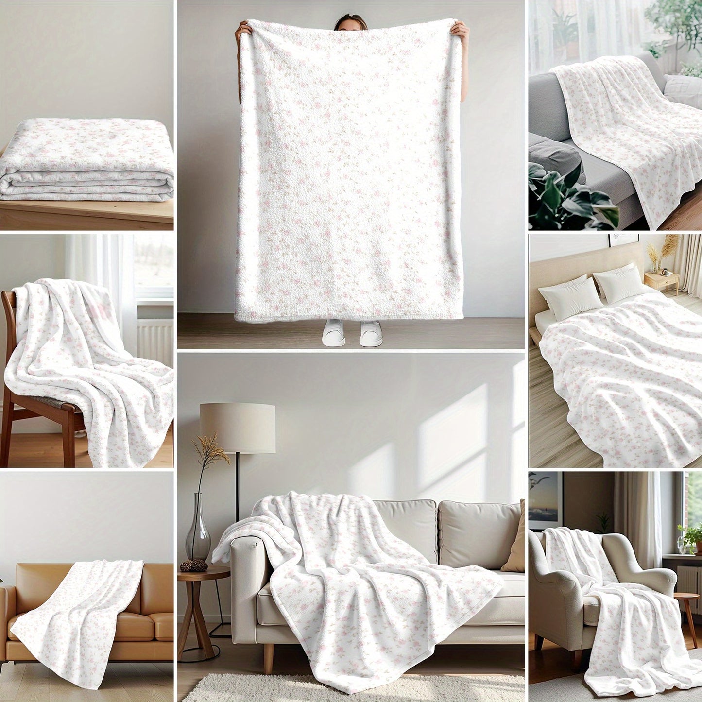 1pc 280Gsm Home Pink Flowers with White Background, Plant Pattern Large Flannel Blanket, Sofa, Bed Blanket, Car Blanket, Outdoor Garden Warm Blanket, Gift