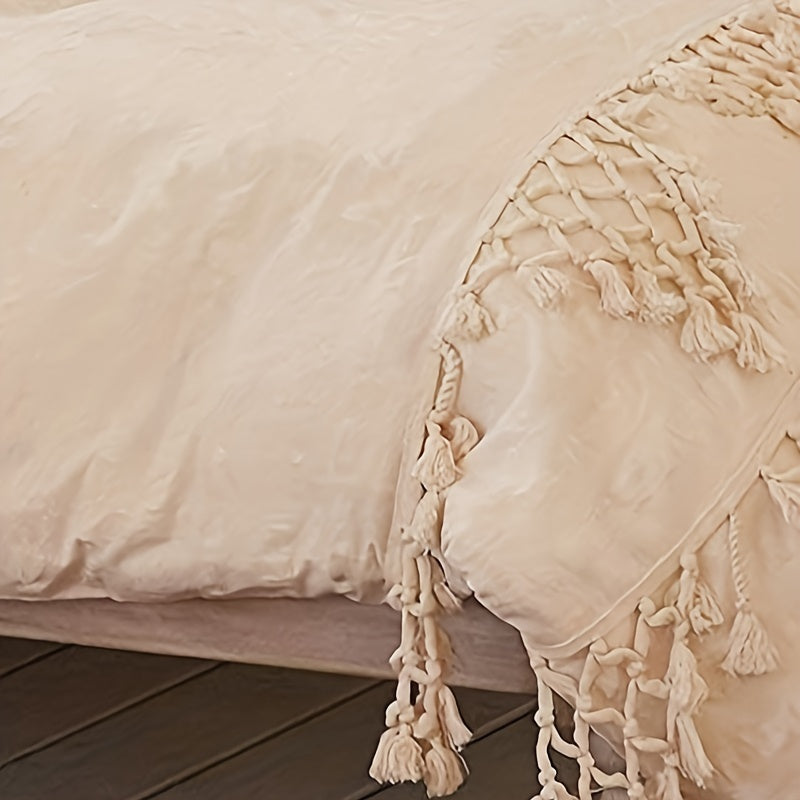 86in x 90in Ivory Tufted Tassel Duvet Cover, Lattice Boho Bedding, Fits Full Queen Size Bed