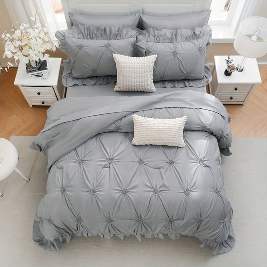 Pinch Pleat Ruffle Comforter Set, Grey Comforter Queen\u002FKing Size, Bed In A Bag Set, Room Decor Aesthetic Bedding Set 8pcs.1 Beige Comforter, 2 Pillowcases, 2 Pillow Shams, 1 Flat Sheet, 1 Fitted Sheet And 2 Decorative Boho Pillowcases