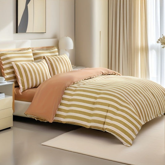3pcs Boho Striped Reversible Suit, Soft And Comfortable, Zipper Open And Close, All-season, Vibrant Print, Woven Fabric, Brushed Process, Suitable for Bedrooms, Guest Rooms And Dormitories