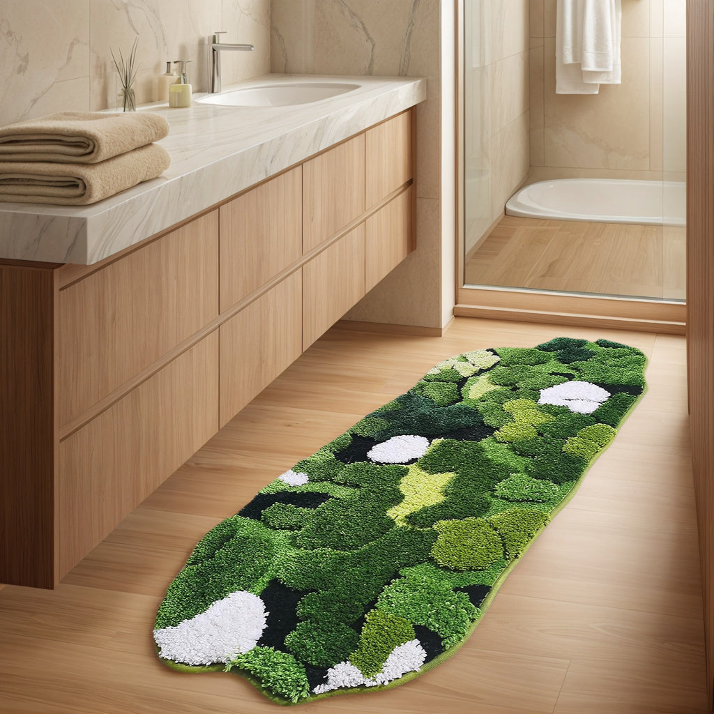 Cute Green Moss And Leaf- Shaped Design, For Bathroom Rug, Long Rectangular, Absorbent And Non- Slip Shaggy Bath Mat, Bathroom Mat, Moss Rug, Green Bathroom Rugs Cute, Bath Rug, Bathroom Runner