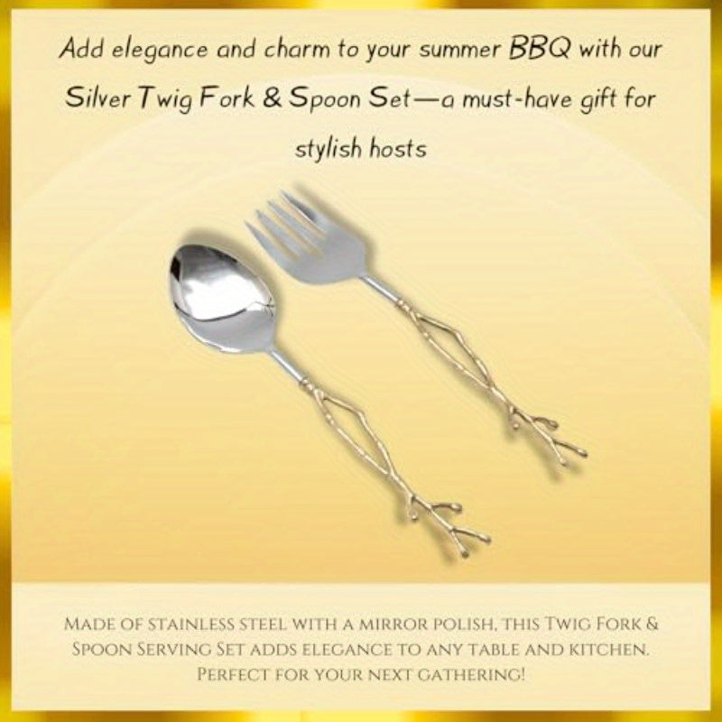 Twig Salad Servers Brass Stainless Steel Fork Spoon Set Leaf Design Two Tone Ideal for Weddings Dinner Parties Elegant Flatware Housewarming Gifts Stainless Steel Mirror Polished Golden Twig