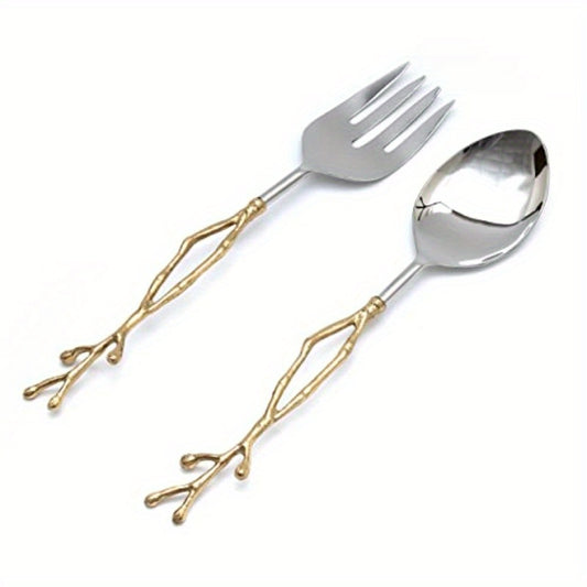Twig Salad Servers Brass Stainless Steel Fork Spoon Set Leaf Design Two Tone Ideal for Weddings Dinner Parties Elegant Flatware Housewarming Gifts Stainless Steel Mirror Polished Golden Twig
