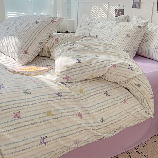3pcs Pink Butterfly Striped Quilt Set, 100% Lightweight Polyester, Machine Washable, All-season Comfort, Includes 1 Duvet Cover And 2 Pillowcases (transparent Filling)