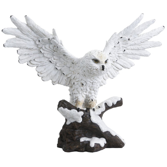 18.5"W Snow Owl Wings Up Standing on Tree Figurine Statue Ornament Home/Room Decor and Perfect Gift Ideas for House Warming, Holidays and Birthdays Great Collectible Addition
