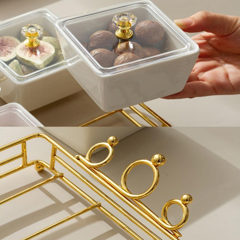 Ceramic Bowls and with Lid Gold Basket Trays 3 Removable Small Bowls Condiment Trays Nut Serving Set for Snacks Fruits Candy and Condiments Great for Parties Holiday Gifts White