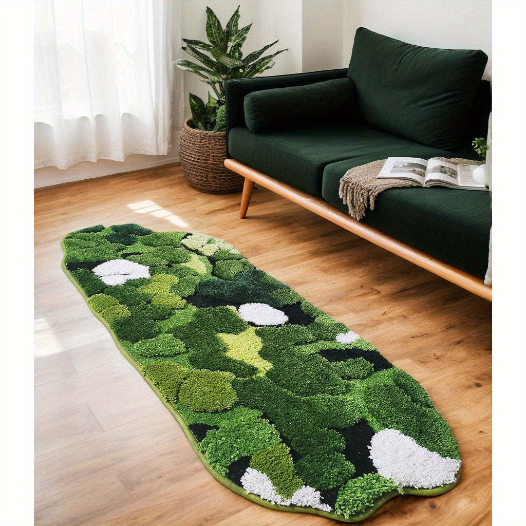 Cute Green Moss And Leaf- Shaped Design, For Bathroom Rug, Long Rectangular, Absorbent And Non- Slip Shaggy Bath Mat, Bathroom Mat, Moss Rug, Green Bathroom Rugs Cute, Bath Rug, Bathroom Runner