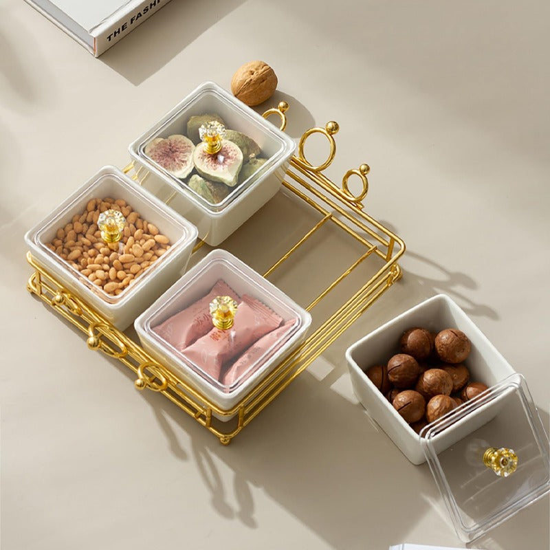 Ceramic Bowls and with Lid Gold Basket Trays 3 Removable Small Bowls Condiment Trays Nut Serving Set for Snacks Fruits Candy and Condiments Great for Parties Holiday Gifts White