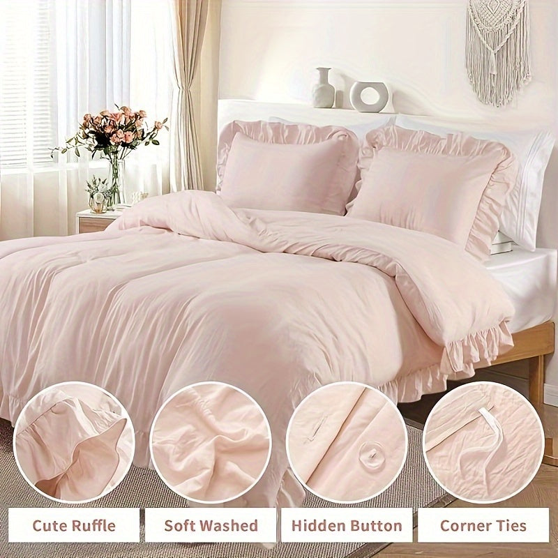 Fashionwu Ruffled Duvet Cover Set King Size, Soft Washed Microfiber Duvet Cover Set Home Bedding Duvet Covers With Button Closure, 3 Pieces (1 Duvet Cover, 2 Pillowcases)