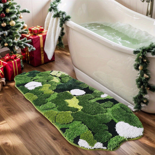 Cute Green Moss And Leaf- Shaped Design, For Bathroom Rug, Long Rectangular, Absorbent And Non- Slip Shaggy Bath Mat, Bathroom Mat, Moss Rug, Green Bathroom Rugs Cute, Bath Rug, Bathroom Runner