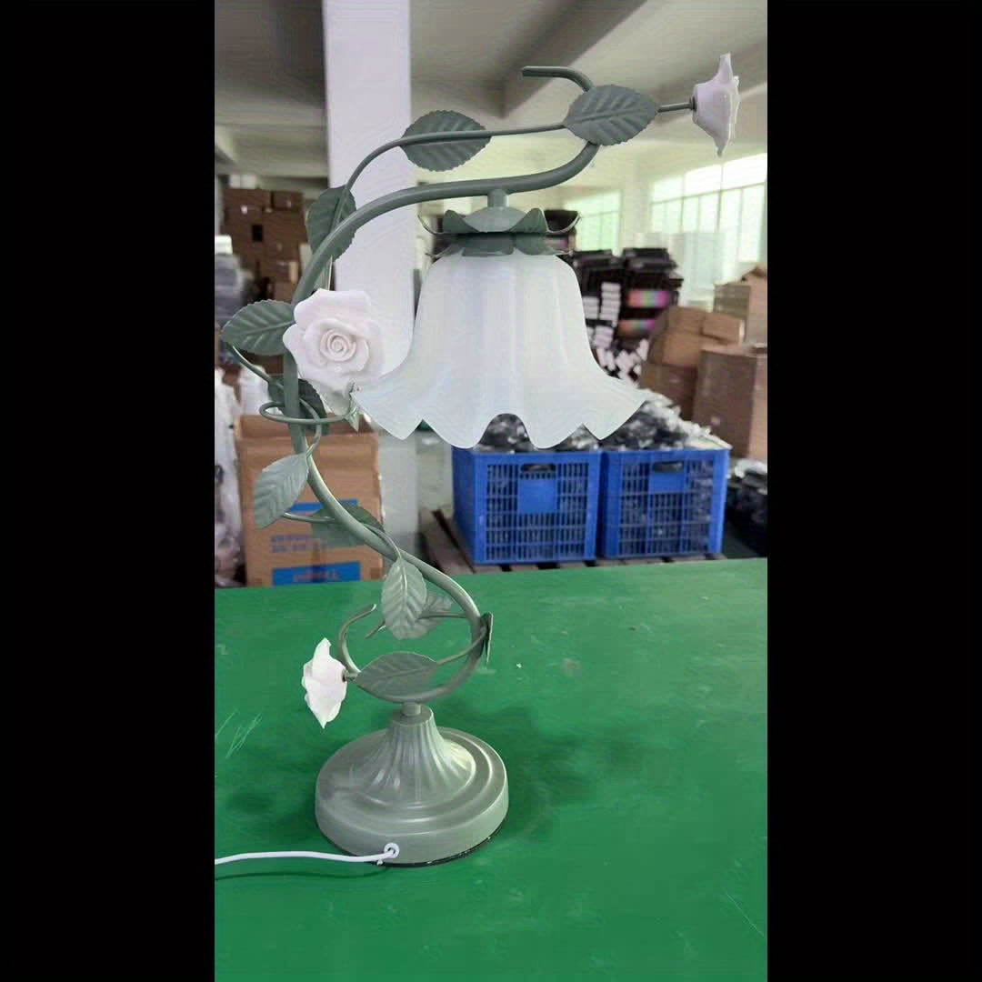 Romantic Flowers, Green Vines, Wrought Iron Country-style Desk Lamp With Ceramic White Rose Flowers' Ideal Choice For Valentine'S Day Gift. It Can Be Used As A Desk Lamp Or Bedside Lamp Powered By USB, Suitable For Bedroom, Study And Living Room.